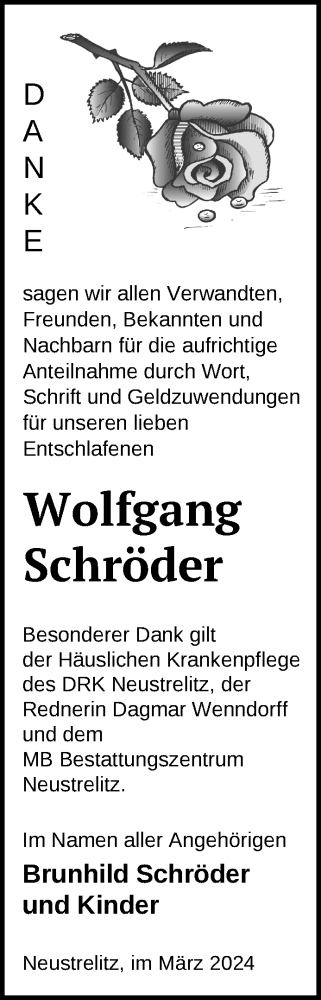 Traueranzeige von Wolfgang Schröder von Nordkurier Strelitzer Zeitung