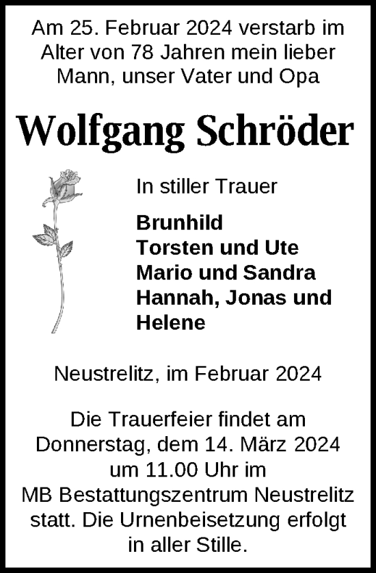 Traueranzeige von Wolfgang Schröder von Nordkurier Strelitzer Zeitung