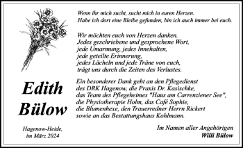 Traueranzeige von Edith Bülow von Hagenower Kreisblatt