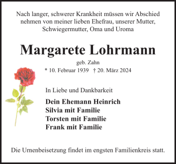 Traueranzeige von Margarete Lohrmann von Anzeiger für Sternberg - Brüel - Warin