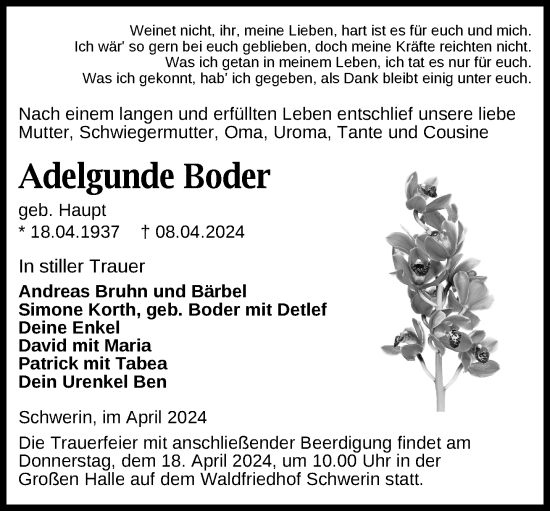 Traueranzeige von Adelgunde Boder 