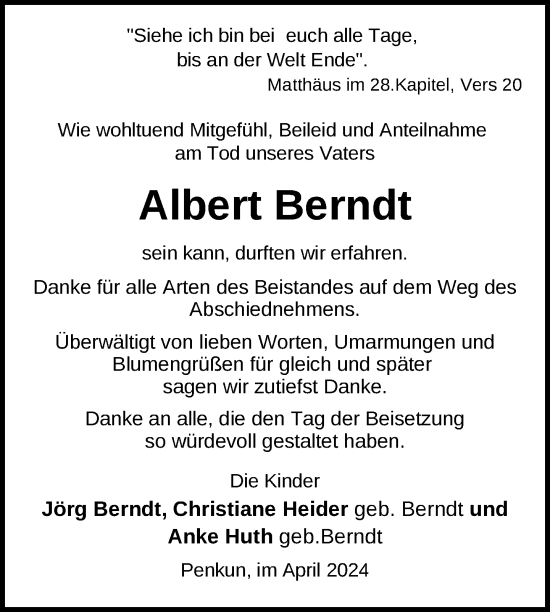 Traueranzeige von Albert Berndt von Nordkurier Pasewalker Zeitung