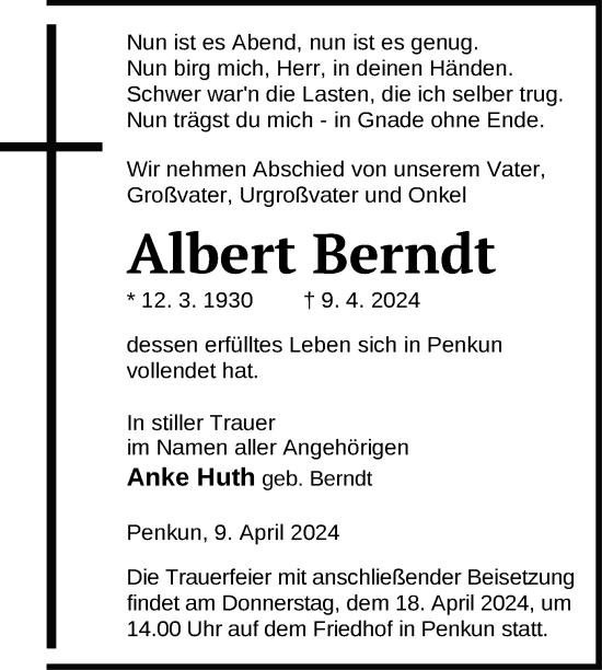 Traueranzeige von Albert Berndt von Nordkurier Pasewalker Zeitung