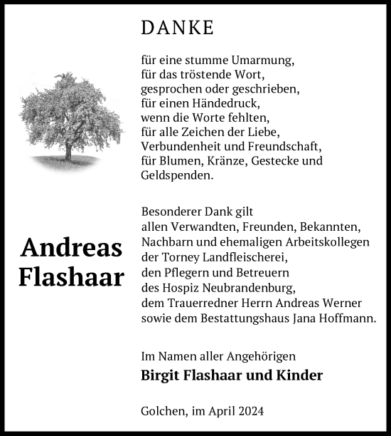 Traueranzeige von Andreas Flashaar von Nordkurier Neubrandenburger Zeitung