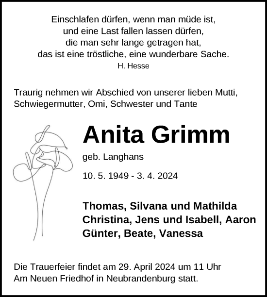 Traueranzeige von Anita Grimm von Nordkurier Mecklenburger Schweiz