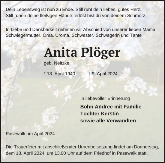 Traueranzeige von Anita Plöger von Nordkurier Pasewalker Zeitung