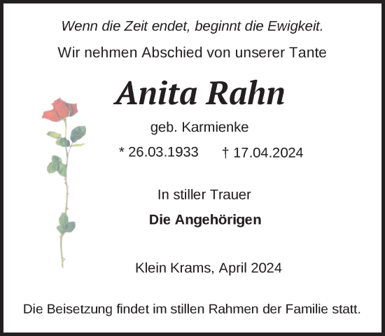 Traueranzeige von Anita Rahn 