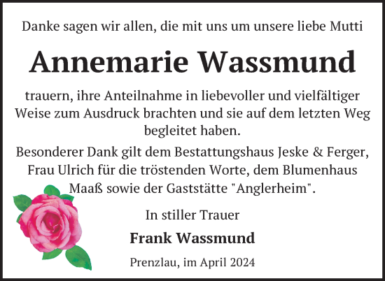 Traueranzeige von Annemarie Wassmund von Uckermark Kurier Prenzlauer Zeitung
