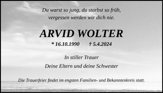 Traueranzeige von Arvid Wolter 