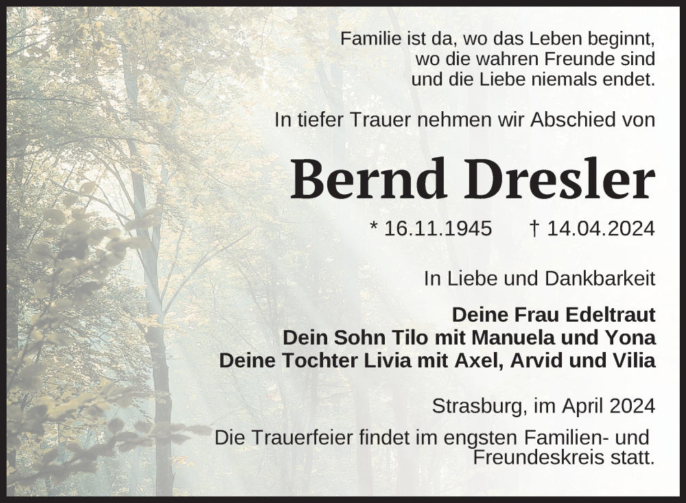  Traueranzeige für Bernd Dresler vom 27.04.2024 aus Nordkurier Pasewalker Zeitung