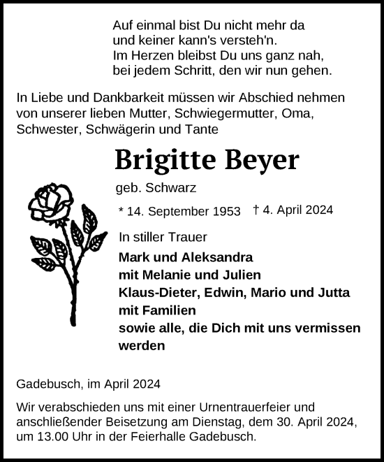 Traueranzeige von Brigitte Beyer 