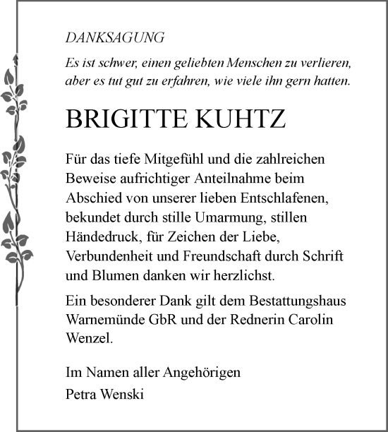 Traueranzeige von Brigitte Kuhtz von Nordkurier Neubrandenburger Zeitung