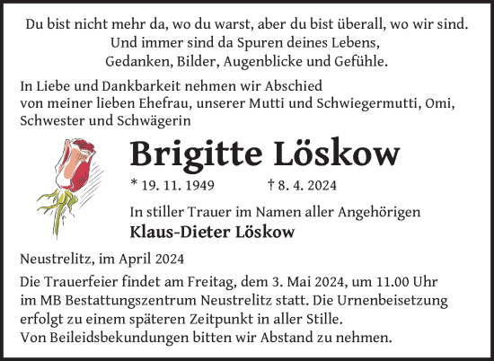 Traueranzeige von Brigitte Löskow von Nordkurier Strelitzer Zeitung