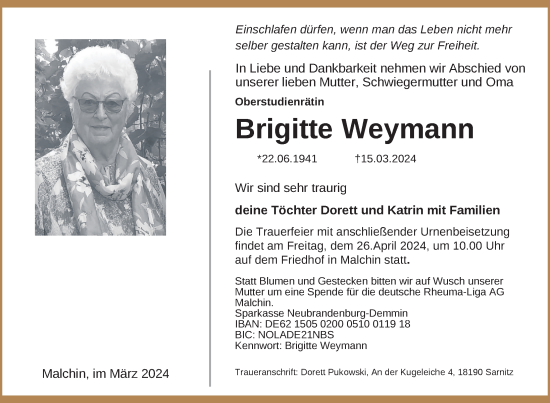 Traueranzeige von Brigitte Weymann von Nordkurier Mecklenburger Schweiz