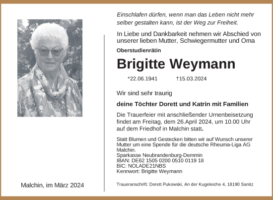 Traueranzeige von Brigitte Weymann von Nordkurier Mecklenburger Schweiz