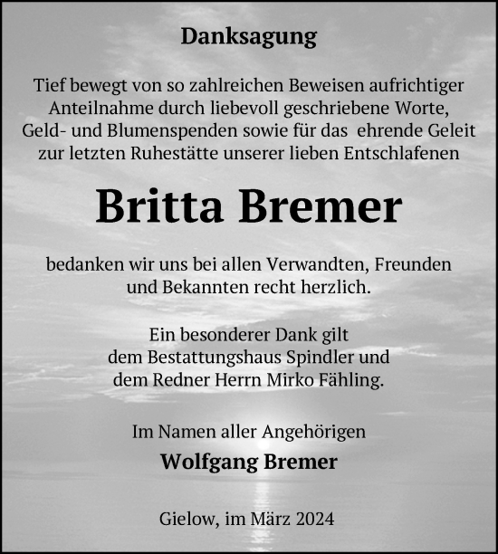 Traueranzeige von Britta Bremer von Nordkurier Strelitzer Zeitung