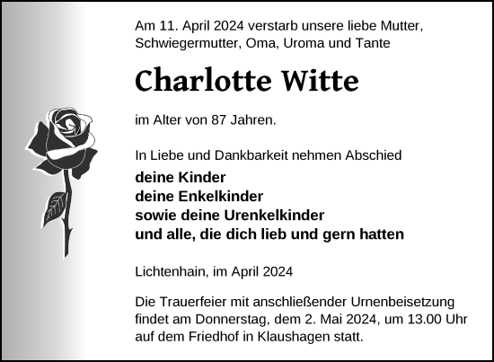 Traueranzeige von Charlotte Witte von Uckermark Kurier Templiner Zeitung
