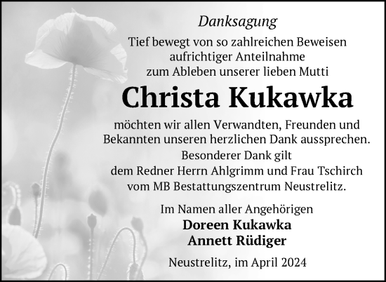 Traueranzeige von Christa Kukawka von Nordkurier Strelitzer Zeitung