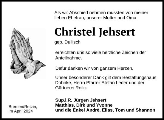 Traueranzeige von Christel Jehsert von Nordkurier Haff-Zeitung