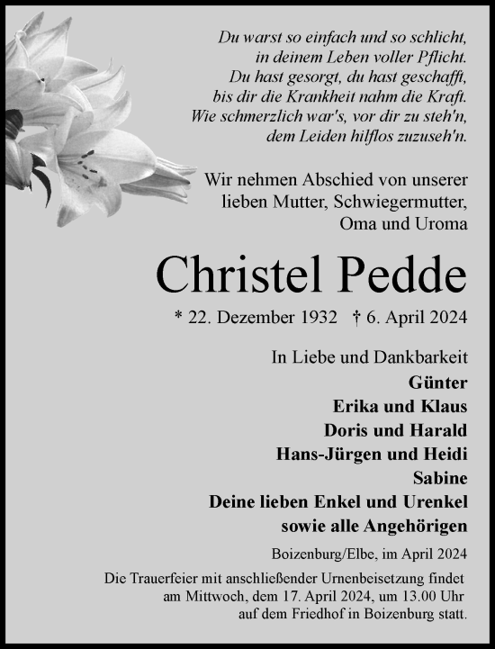 Traueranzeige von Christel Pedde 