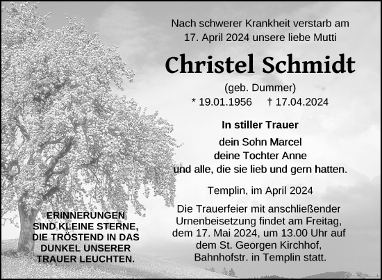 Traueranzeige von Christel Schmidt von Uckermark Kurier Templiner Zeitung
