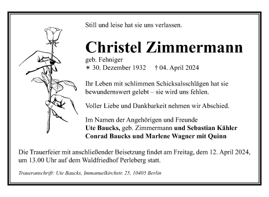 Traueranzeige von Christel Zimmermann 