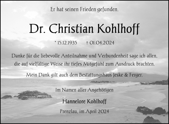 Traueranzeige von Christian Kohlhoff von Uckermark Kurier Prenzlauer Zeitung