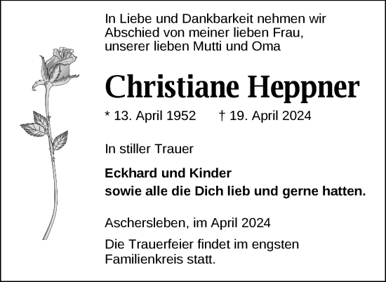 Traueranzeige von Christiane Heppner von Nordkurier Haff-Zeitung