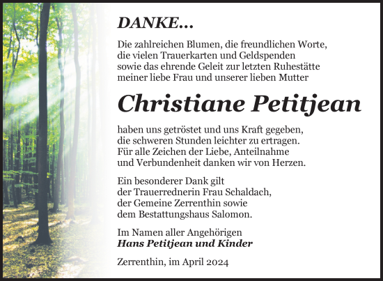 Traueranzeige von Christiane Petitjean von Nordkurier Pasewalker Zeitung