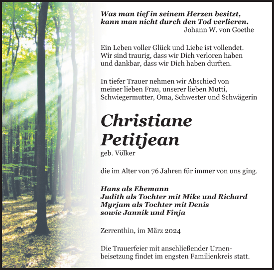 Traueranzeige von Christiane Petitjean von Nordkurier Pasewalker Zeitung