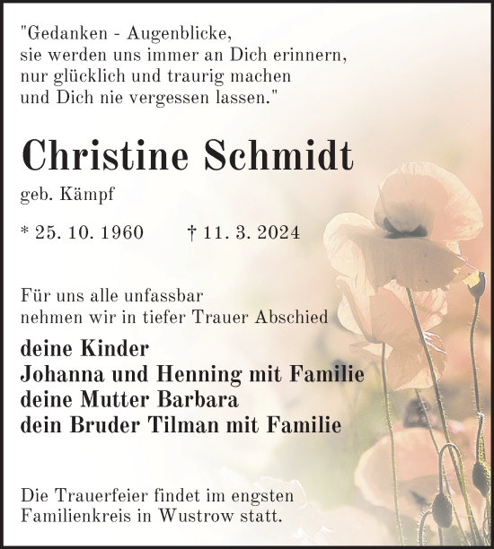 Traueranzeige von Christine Schmidt von Nordkurier Neubrandenburger Zeitung