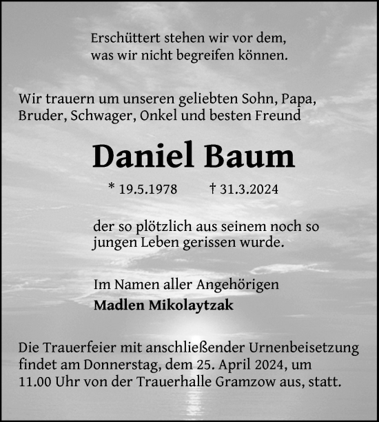 Traueranzeige von Daniel Baum von Uckermark Kurier Prenzlauer Zeitung