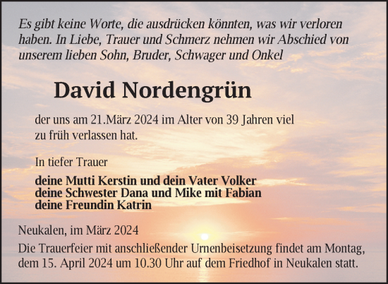 Traueranzeige von David Nordengrün von Nordkurier Mecklenburger Schweiz