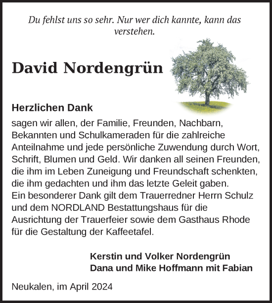 Traueranzeige von David Nordengrün von Nordkurier Mecklenburger Schweiz