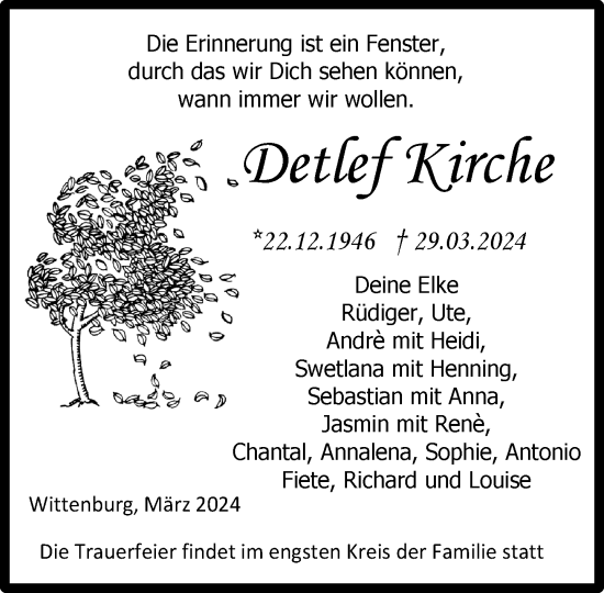 Traueranzeige von Detlef Kirche 