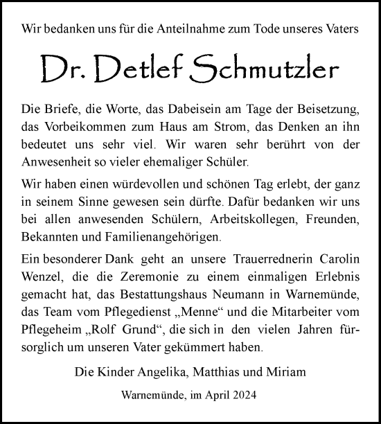 Traueranzeige von Detlef Schmutzler von Nordkurier Neubrandenburger Zeitung