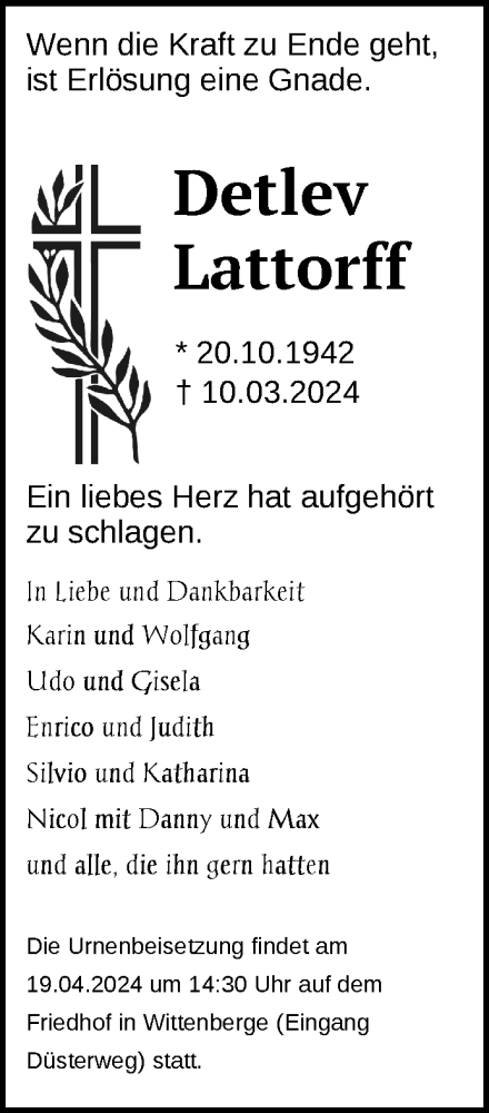 Traueranzeige von Detlev Lattorff 
