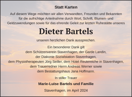 Traueranzeige von Dieter Bartels von Nordkurier Mecklenburger Schweiz