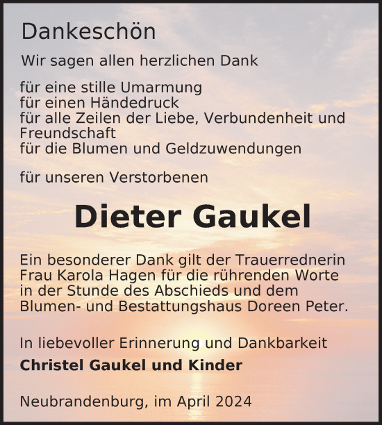Traueranzeige von Dieter Gaukel von Nordkurier Neubrandenburger Zeitung