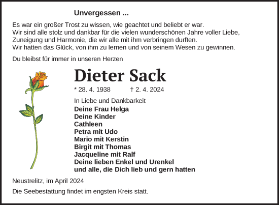 Traueranzeige von Dieter Sack von Nordkurier Neubrandenburger Zeitung