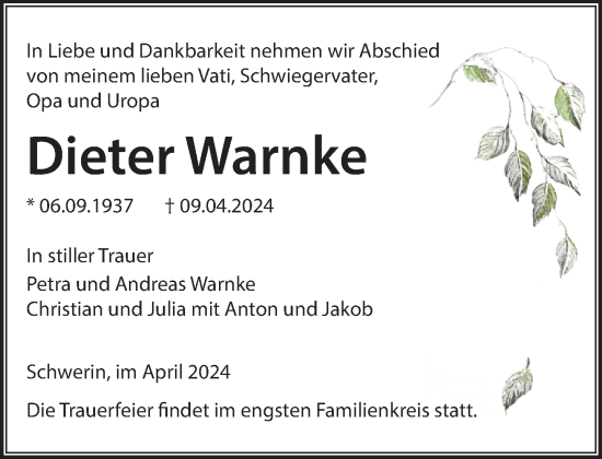 Traueranzeige von Dieter Warnke 
