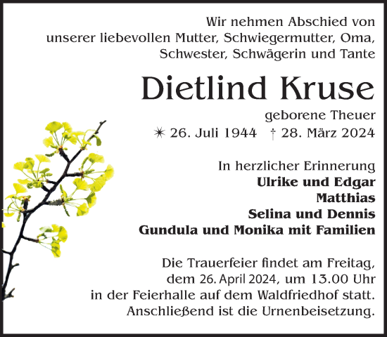 Traueranzeige von Dietlind Kruse 