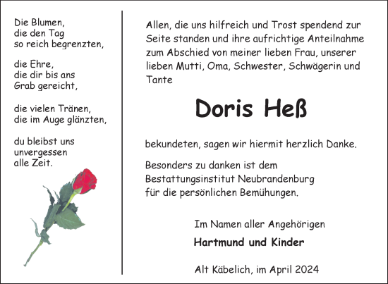 Traueranzeige von Doris Heß von Nordkurier Strelitzer Zeitung