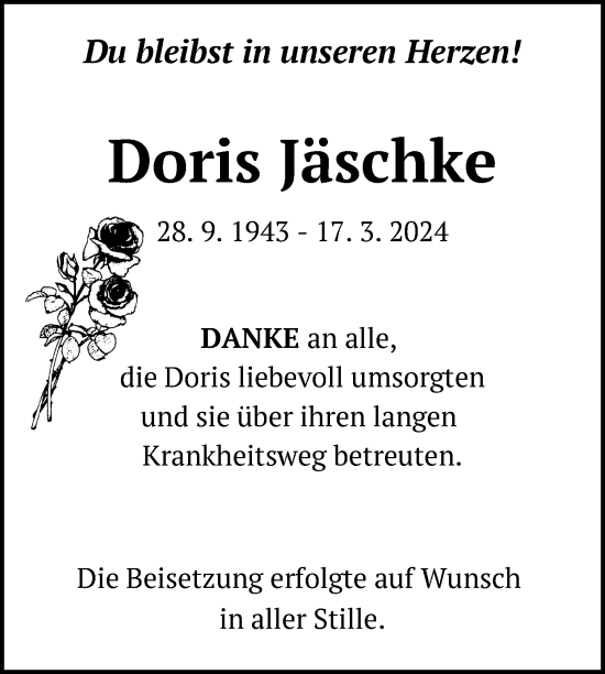 Traueranzeige von Doris Jäschke von Uckermark Kurier Templiner Zeitung