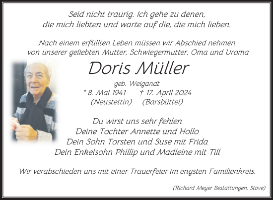 Traueranzeige von Doris Müller von Uckermark Kurier Templiner Zeitung