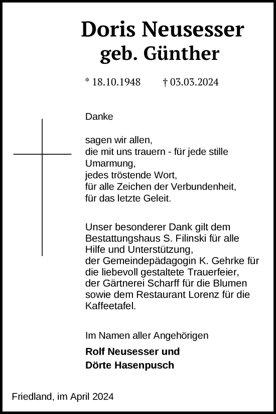 Traueranzeige von Doris Neusesser von Nordkurier Neubrandenburger Zeitung