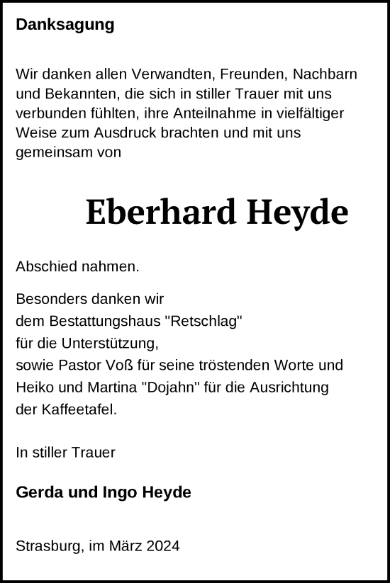 Traueranzeige von Eberhard Heyde von Nordkurier Pasewalker Zeitung