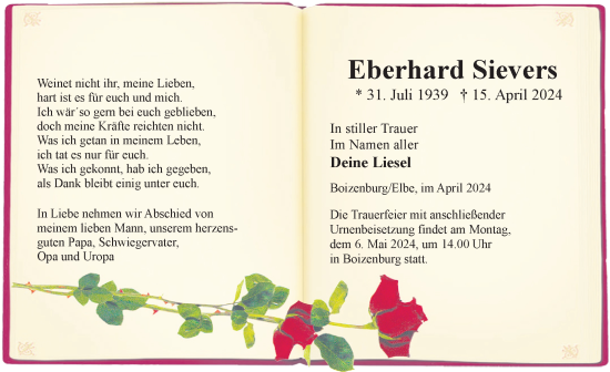 Traueranzeige von Eberhard Sievers 