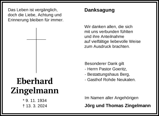 Traueranzeige von Eberhard Zingelmann von Nordkurier Mecklenburger Schweiz