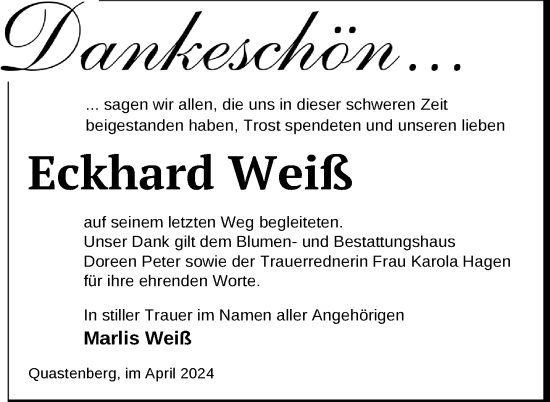 Traueranzeige von Eckhard Weiß von Nordkurier Neubrandenburger Zeitung